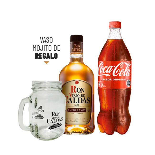 1 RON VIEJO DE CALDAS 3 AÑOS 700CC + 1 COCA-COLA ORIGINAL 1.5L + 1 VASO MOJITO RON VIEJO DE CALDAS